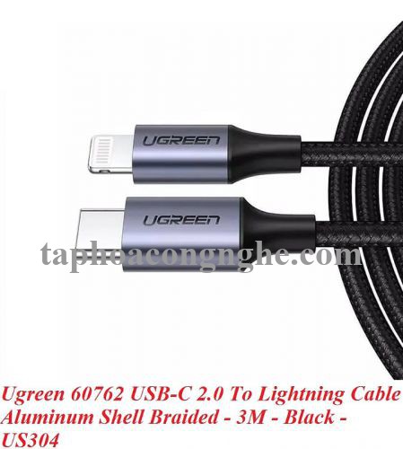 Ugreen 60762 3m cáp usb type c ra lightning bọc nhôm chống nhiễu màu đen US304 30060762